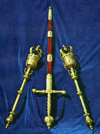 The two maces and ceremonial sword of the Borough of St Edmundsbury