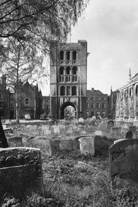 View of Norman Tower and St James's church from within Abbey precincts. Picture by courtesy of the Jarman collection held by the Bury St Edmunds Past and Present Society at www.BuryPastAndPresent.org.uk