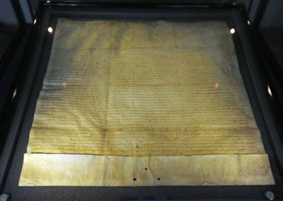 The Lincoln Cathedral Magna Carta on display at the Cathedral, Bury St Edmunds.