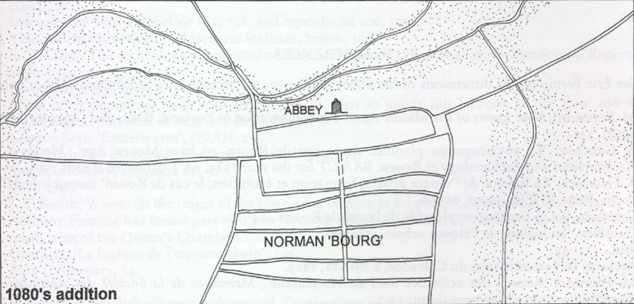 Bury by 1086. Speculative map by Bernard Gauthiez published in 'Bury St Edmunds Medieval Art, Architecture, Archaeology and Economy' editor A Gransden.